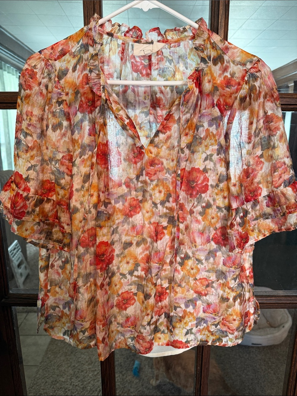 Melloday Floral Ruffle‎ Neck Flutter Sleeve Sheer Blouse Orange Red Large